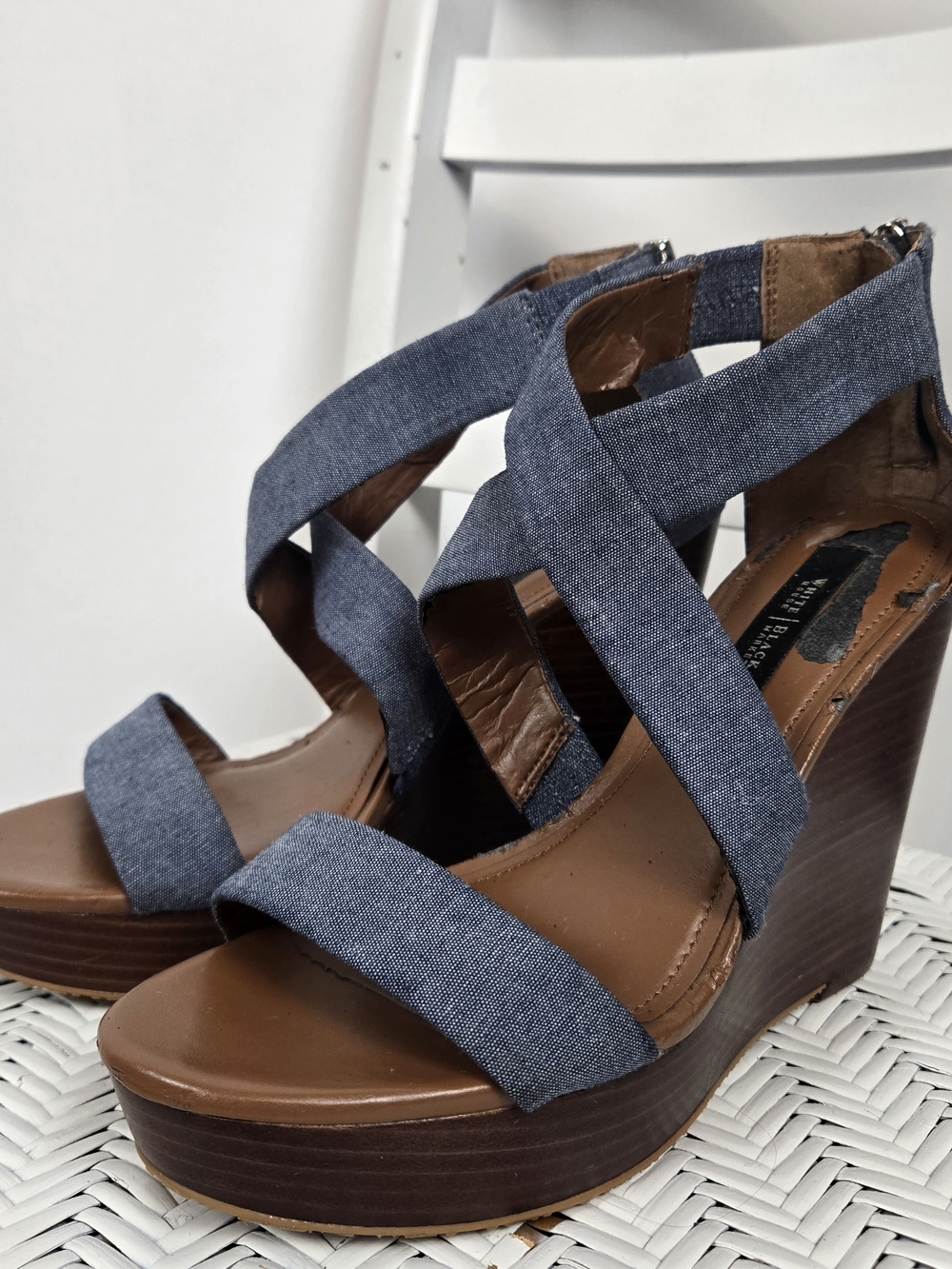 White House Black Market Blue Denim-Strap Wedge Sandals